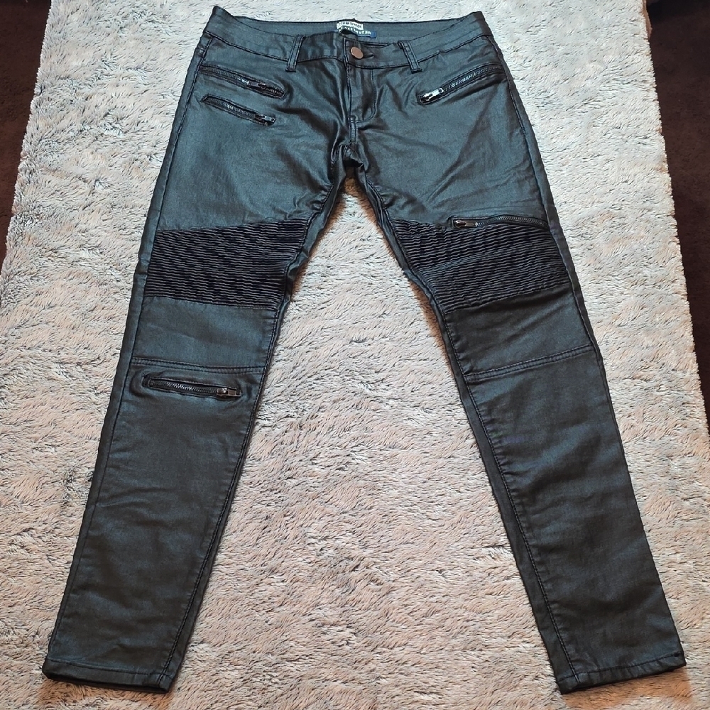 Women's Black Faux Leather Biker Jeans. Size Medium